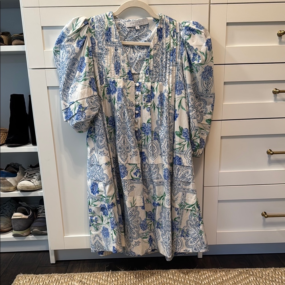 Hunter Bell Floral Puff Sleeve Dress in Blue and Green